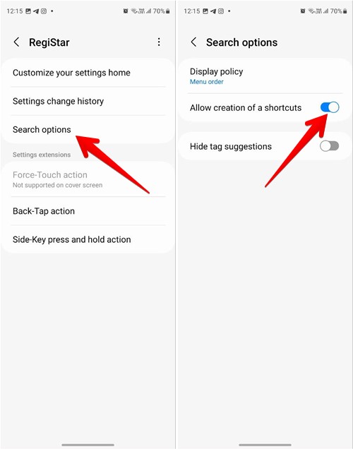 Enabling "Allow creation of shortcuts" option under Search options in GoodLock app. 