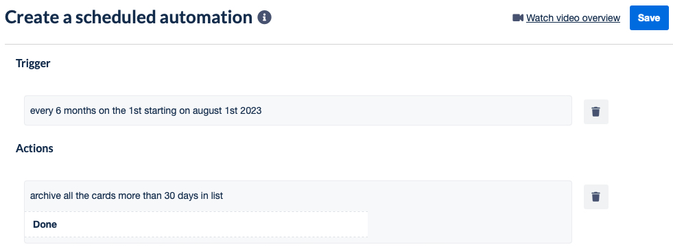 Overview and Save button for a Scheduled automation