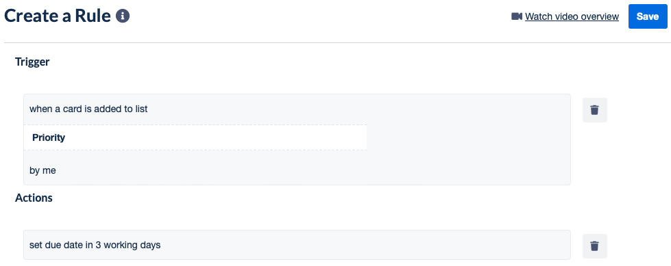 Overview and Save button for a rule