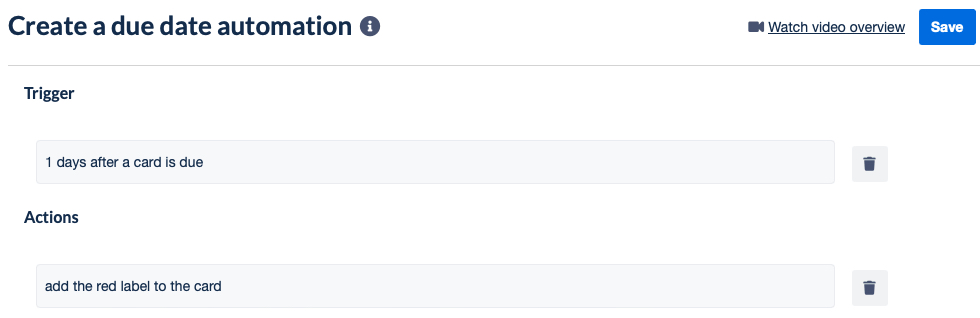 Overview and Save button for an automation