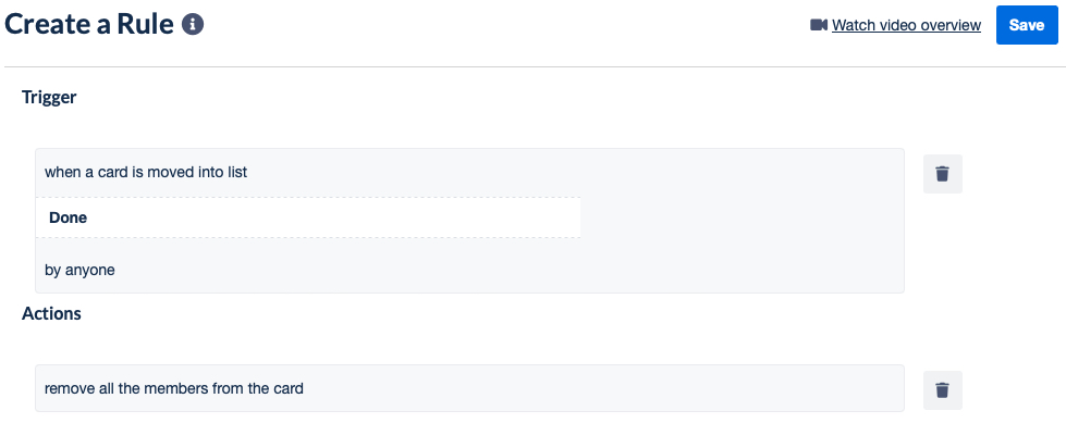 Overview and Save button for a rule