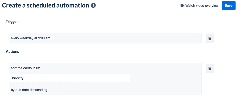 Overview and Save button for a Scheduled automation