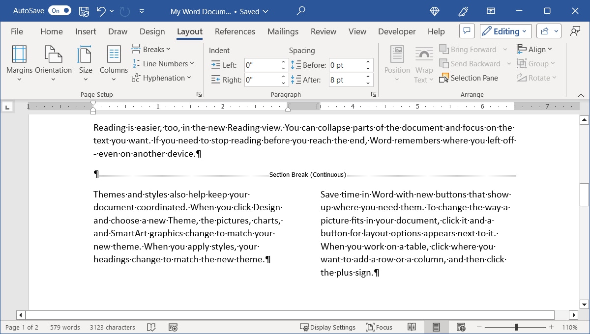 Section columns in Word