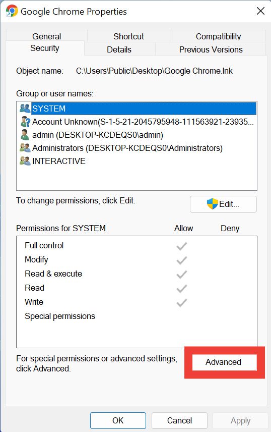 Clicking "Advanced" button in program Properties window. 