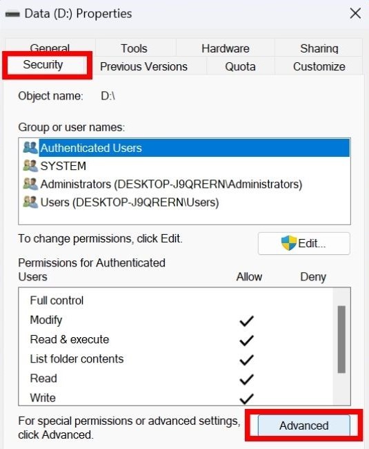 Select the Security tab and click Advanced