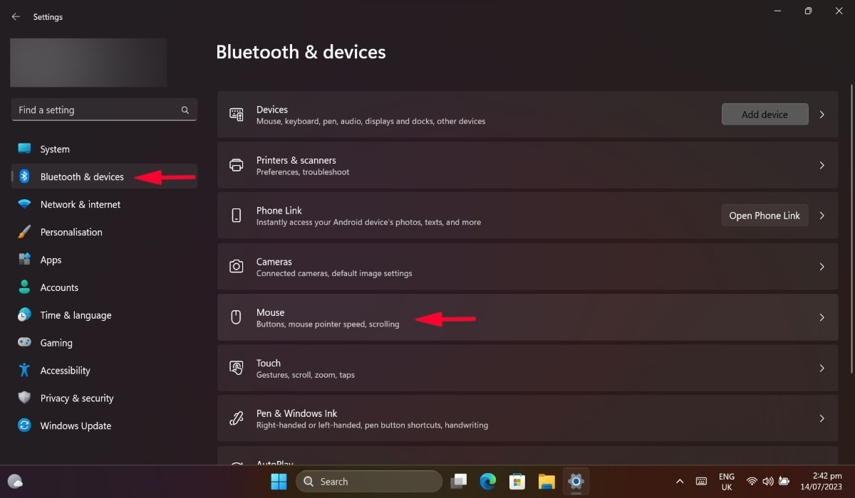 Navigating to "Bluetooth and devices" and selecting "Mouse" in Settings.