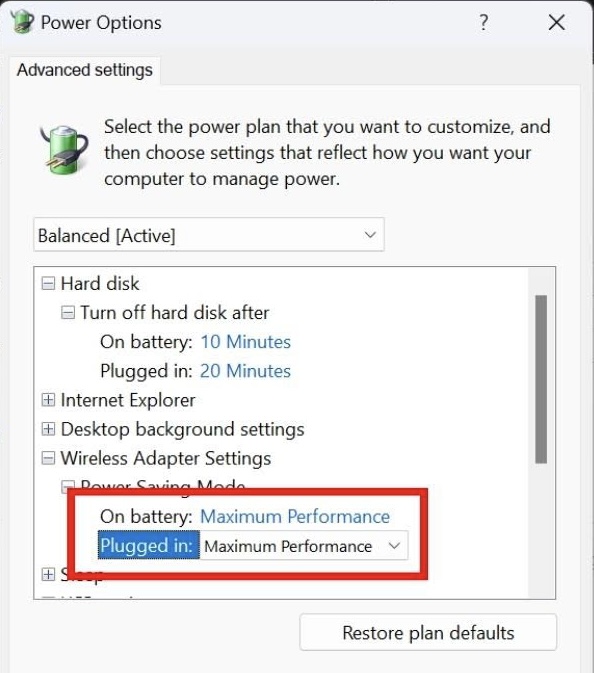 Selecting "Maximum Performance" for various settings in Power Options window.