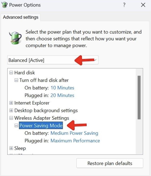 Selecting "Power Saving Mode" in Advanced settings.
