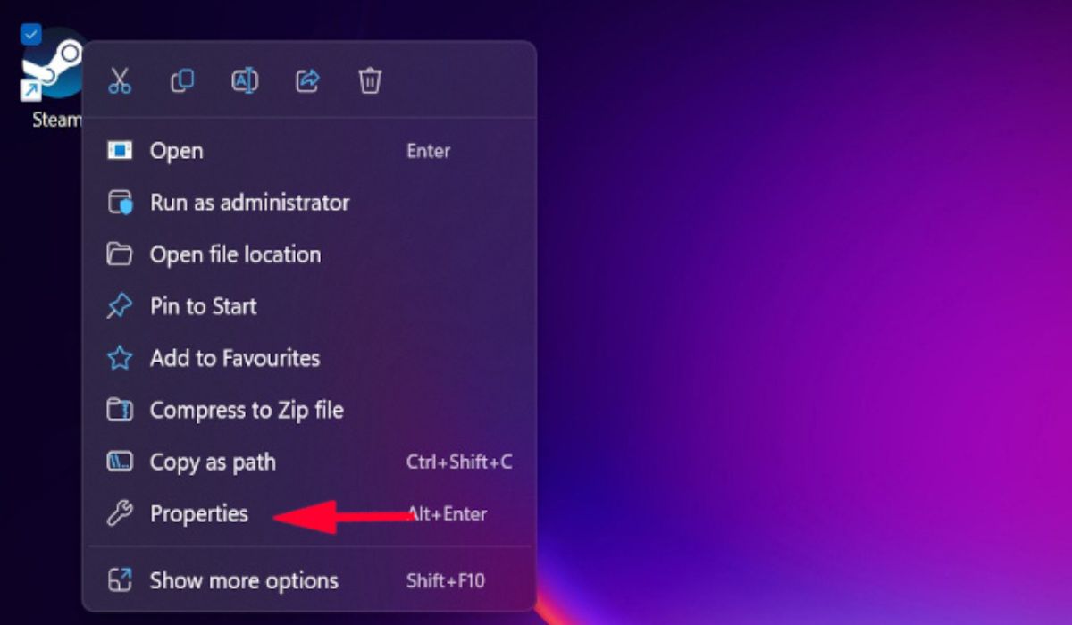 Selecting Steam Properties in Windows.