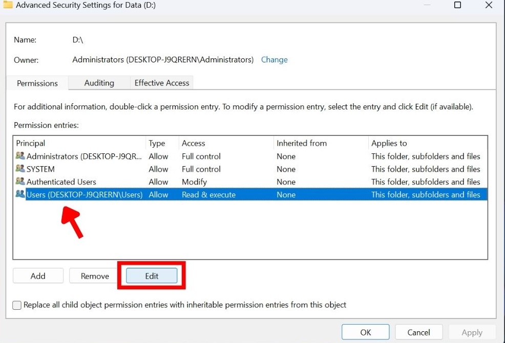 Pressing "Edit" button for select user under ""Permission entries."