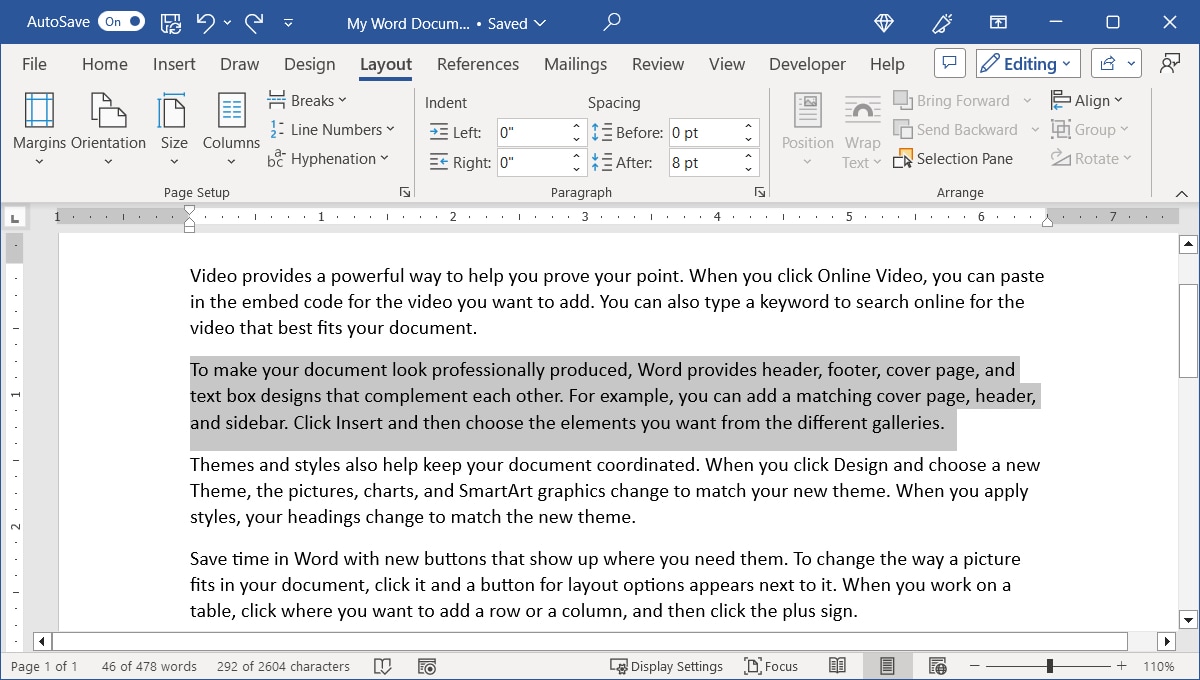 Selected text for columns in Word