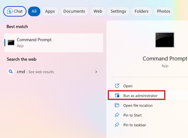 Opening Cmd in Admin mode.