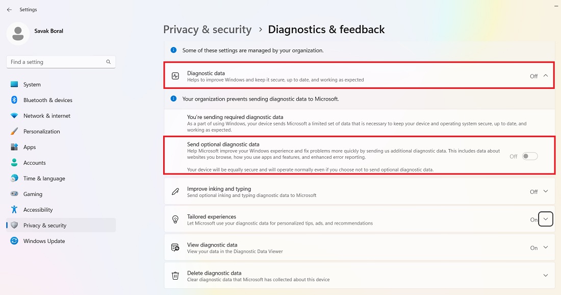 Diagnostics & feedback disabled in Windows 11 Privacy & Security settings due to Organization error. 