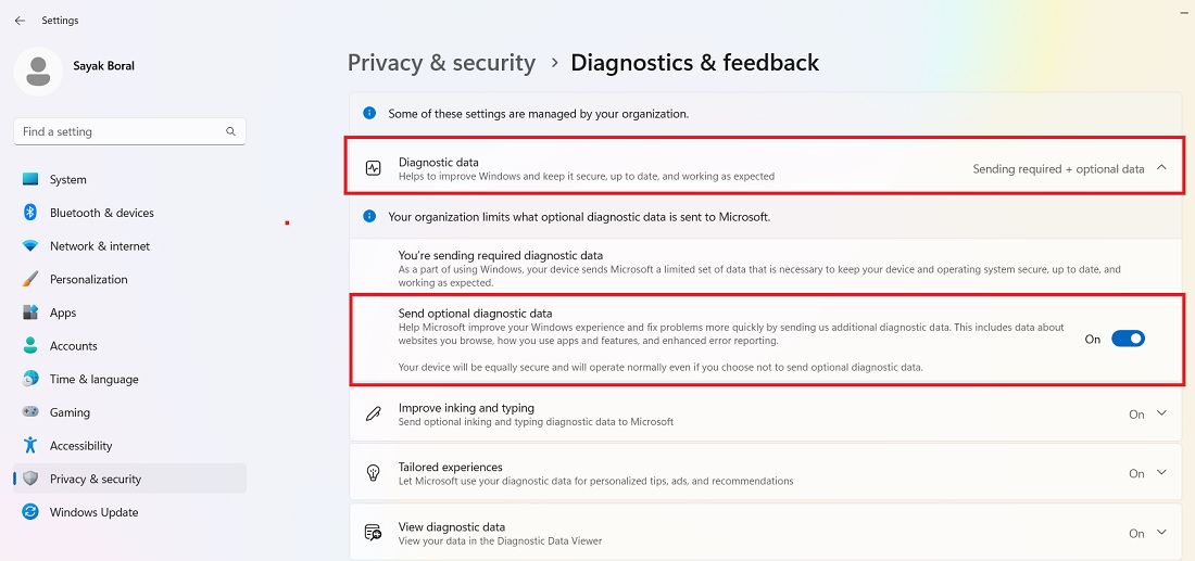 Sending required plus optional diagnostic data enabled under Windows 11 "Privacy & Security." 