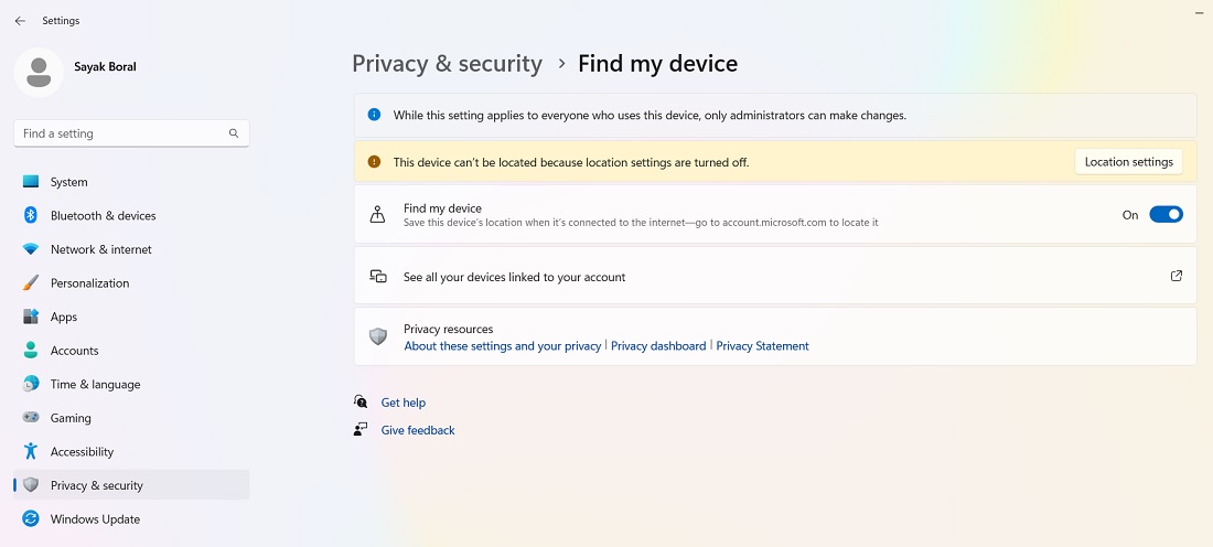 FindMyDevice disabled in Windows 11 due to lack of location access. 
