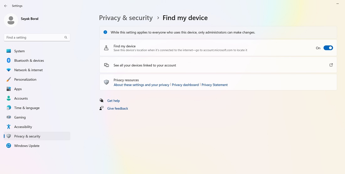 Find My Device enabled in Windows 11 after enabling location update access. 