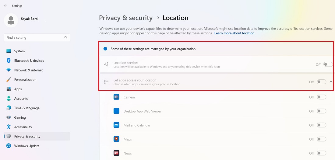 Location settings access greyed out due to Some Settings are managed by your organization error. 