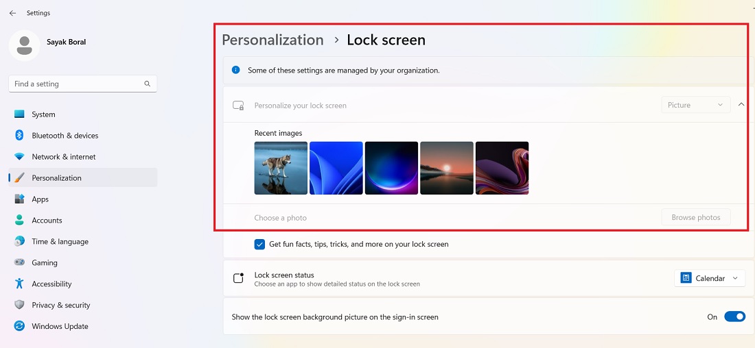 Lock screen disabled in Windows 11 due to "some of these settings are managed by your organization" error. 