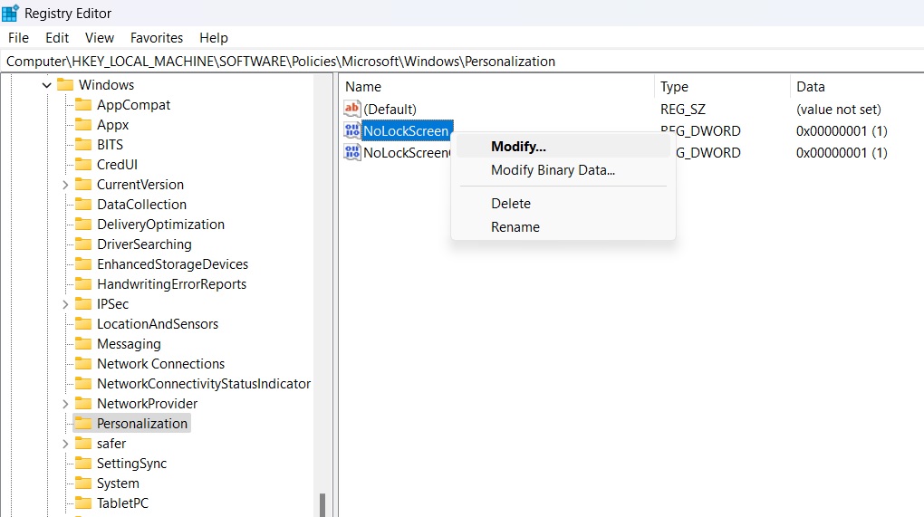 Right click to modify the DWORD (32-bit) value for "NoLockScreen" in Registry Editor under "Personalization." 