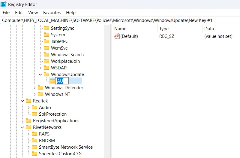 New "AU" key created under "WindowsUpdate" in Registry Editor.