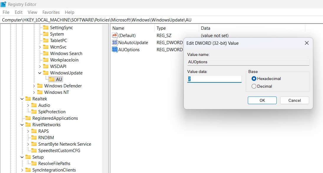 AUOptions value data set as "2" under Windows Update in Registry Editor. 