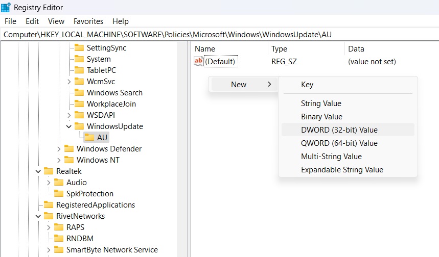 Creating new DWORD value for 32-bit using right-click towards the AU key.