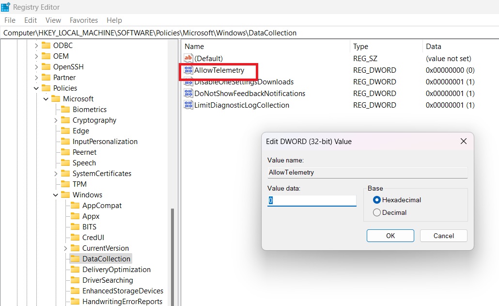 "AllowTelemetry" value set at default "0" under "DataCollection" key in  Registry Editor. 