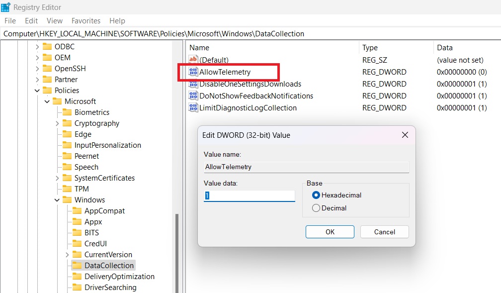 AllowTelemetry value set as 1 in Data Collection under Registry Editor. 