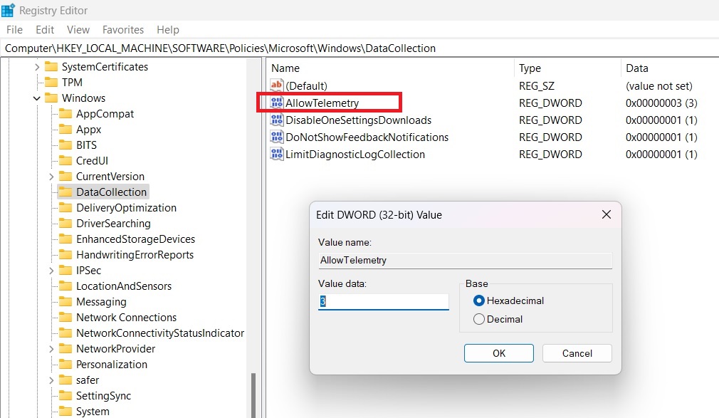 AllowTelemetry value set as 3 in Data Collection under Registry Editor. 
