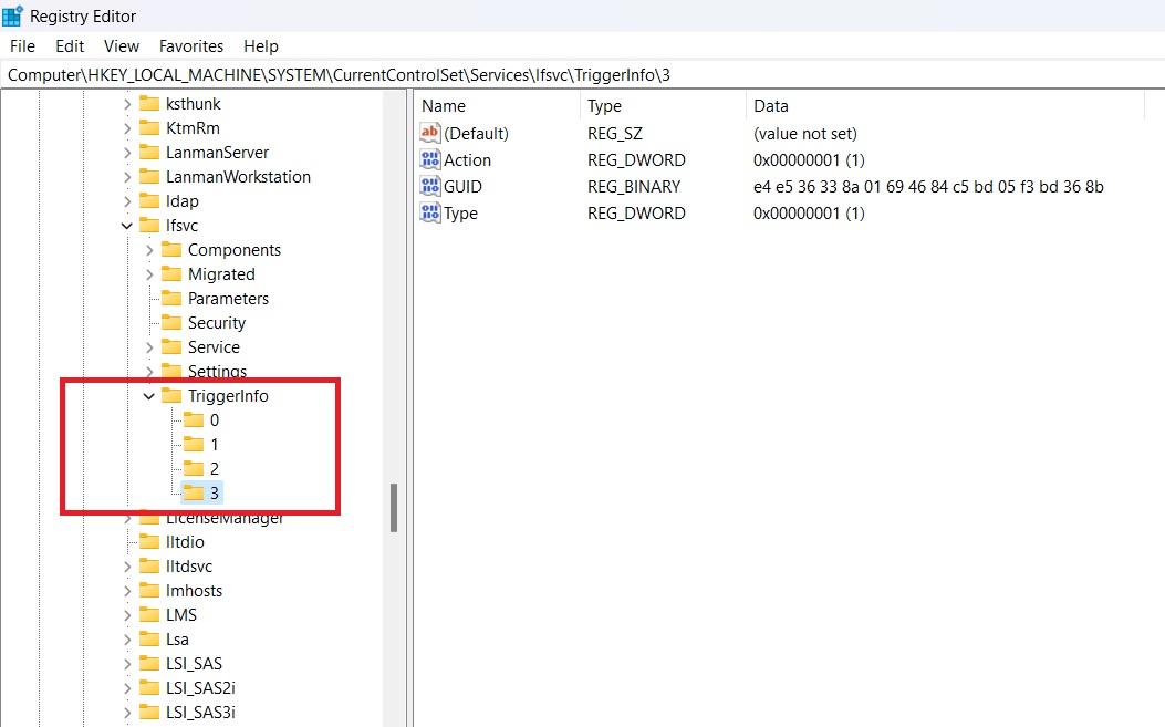 LFSCV trigger info "3" selected in Registry Editor. 