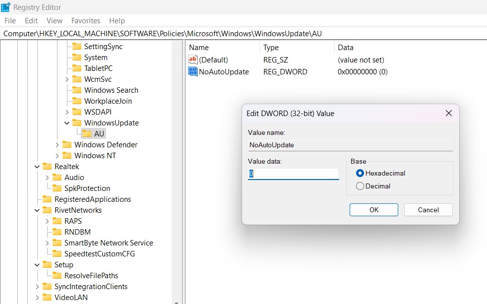 Value data is default 0 for new DWORD (32-bit) under "AU" key called "NoAutoUpdate."