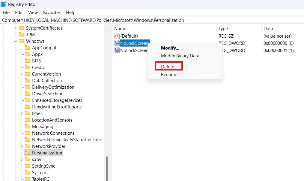 Right click to delete the DWORD entry for NoLockScreen in Registry Editor. 