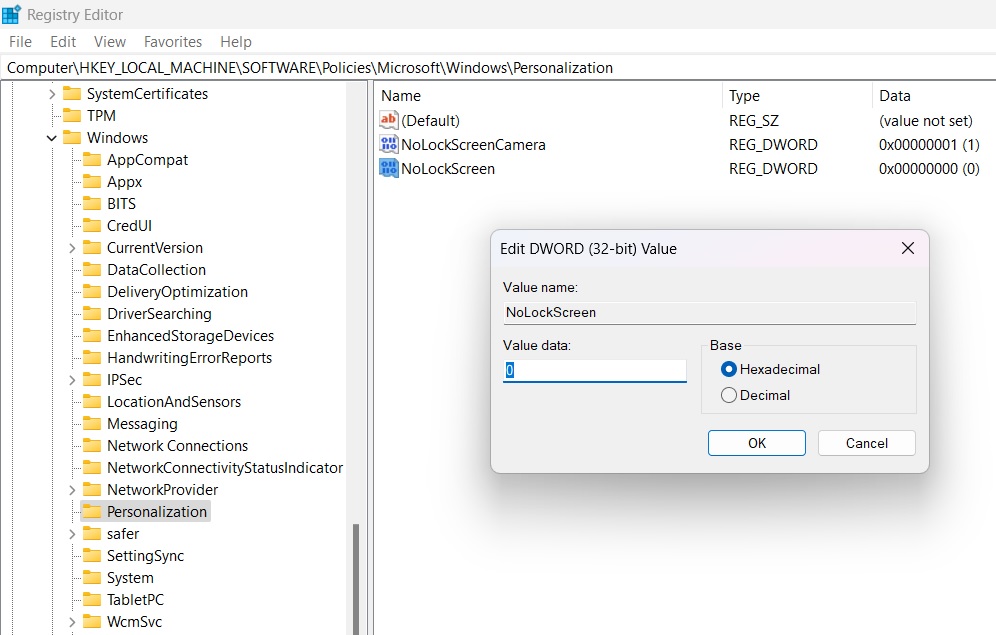 NoLockScreen value data set as 0 in Windows Registry Editor under Personalization. 
