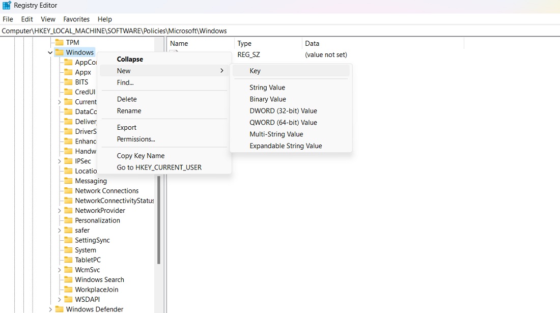 Creating new key under Windows in LOCAL_MACHINE software policies. 