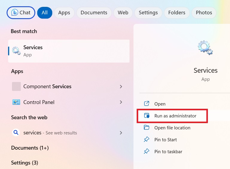 Searching for "Services" in Windows Search box and starting it in Administrator mode. 