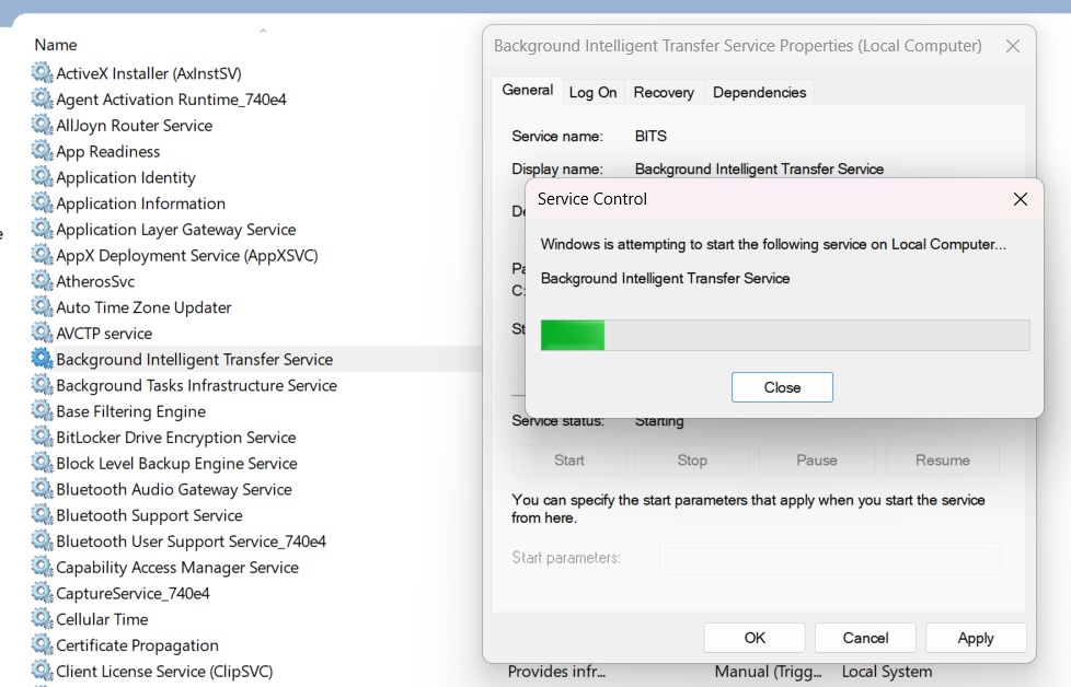 Background Intelligent Transfer Service started up in Windows Component Servcies with running Live status. 
