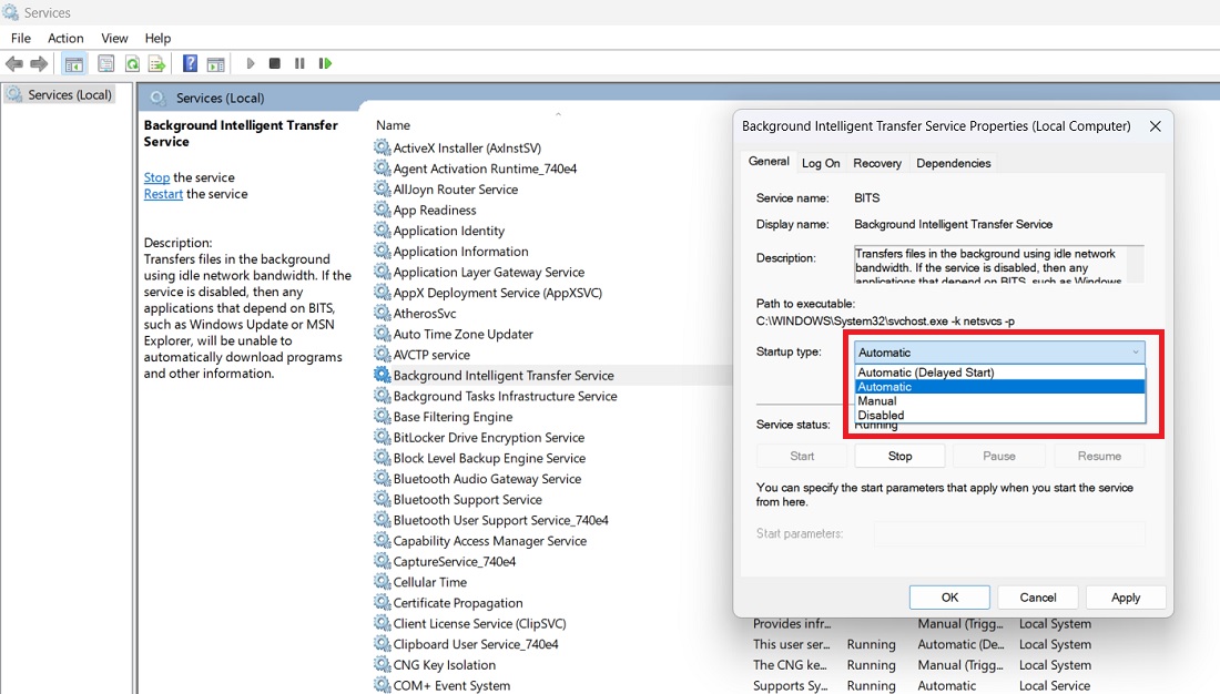 Services menu Background Intelligent Transfer Service set to "Automatic" startup type. 