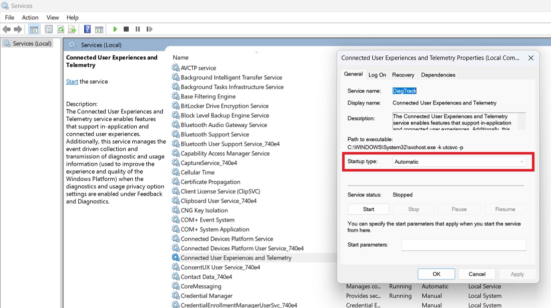 Connected User Experiences and Telemetry service enabled as "Automatic" in services. 