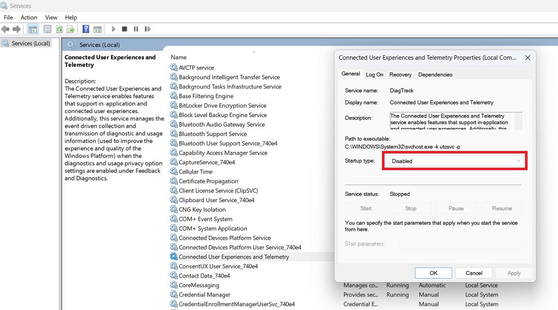 Connected User Experiences and Telemetry service shown as "disabled." 