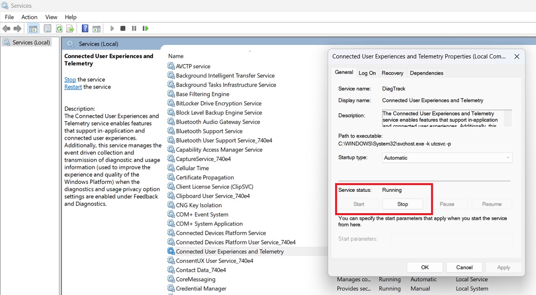 Connected User Experiences and Telemetry Services in Running mode. 