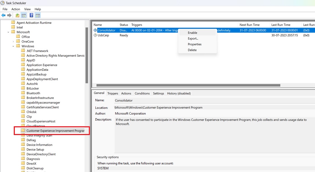 Right-click to enable "Consolidator" in Task Scheduler. 