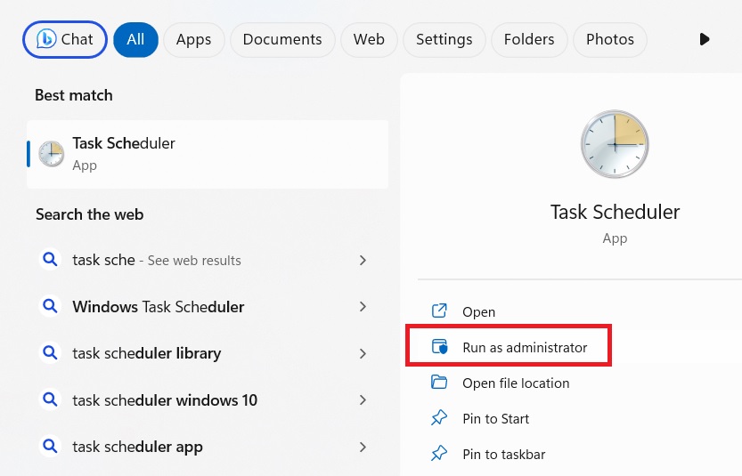 Opening Task Scheduler app to be run in Administrator mode. 
