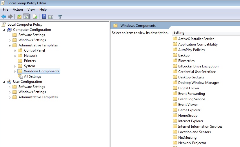 Select "Windows Components" under "Administrative templates" in Local Group Policy Editor. 