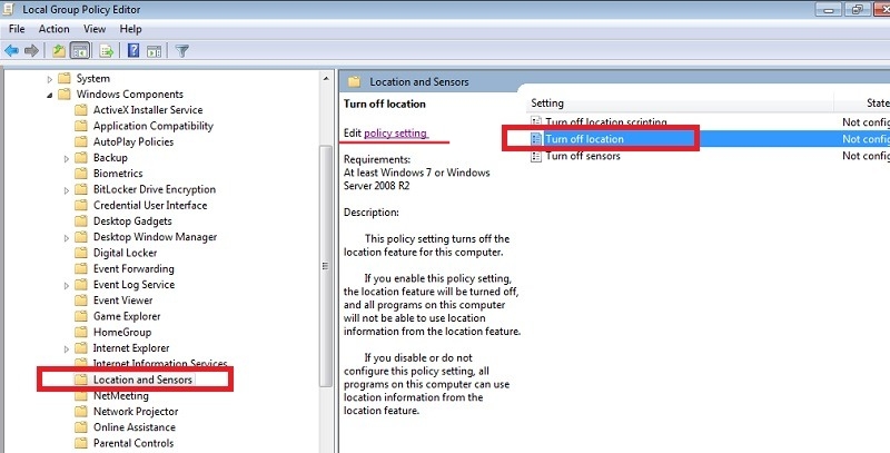 Location Policy not configured status shown in Local Group Policy Editor. 