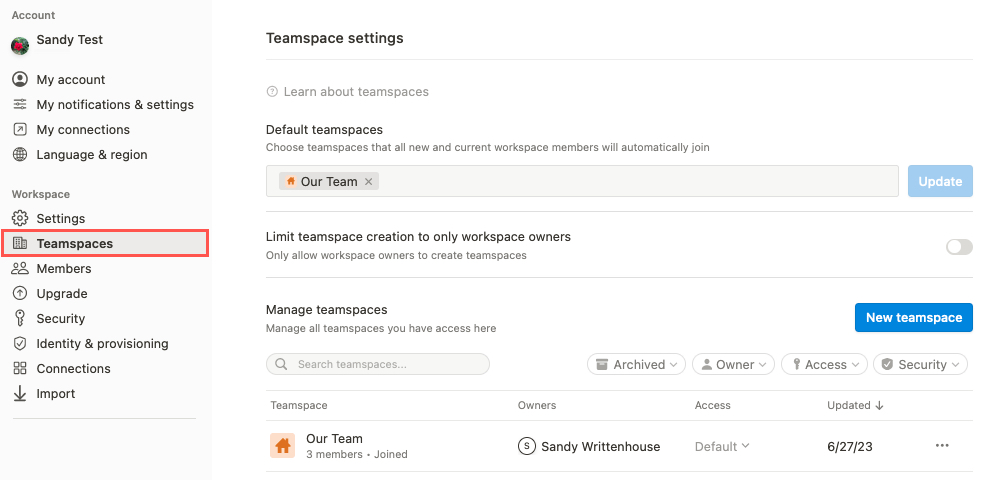 Teamspaces in the Notion settings