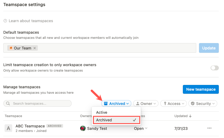 Archived in the Teamspaces settings