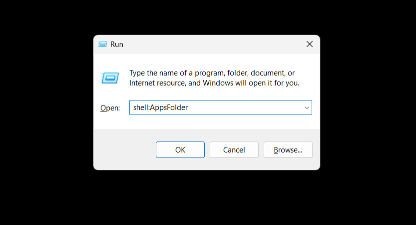 Typing "shell:AppsFolder" in Run window.