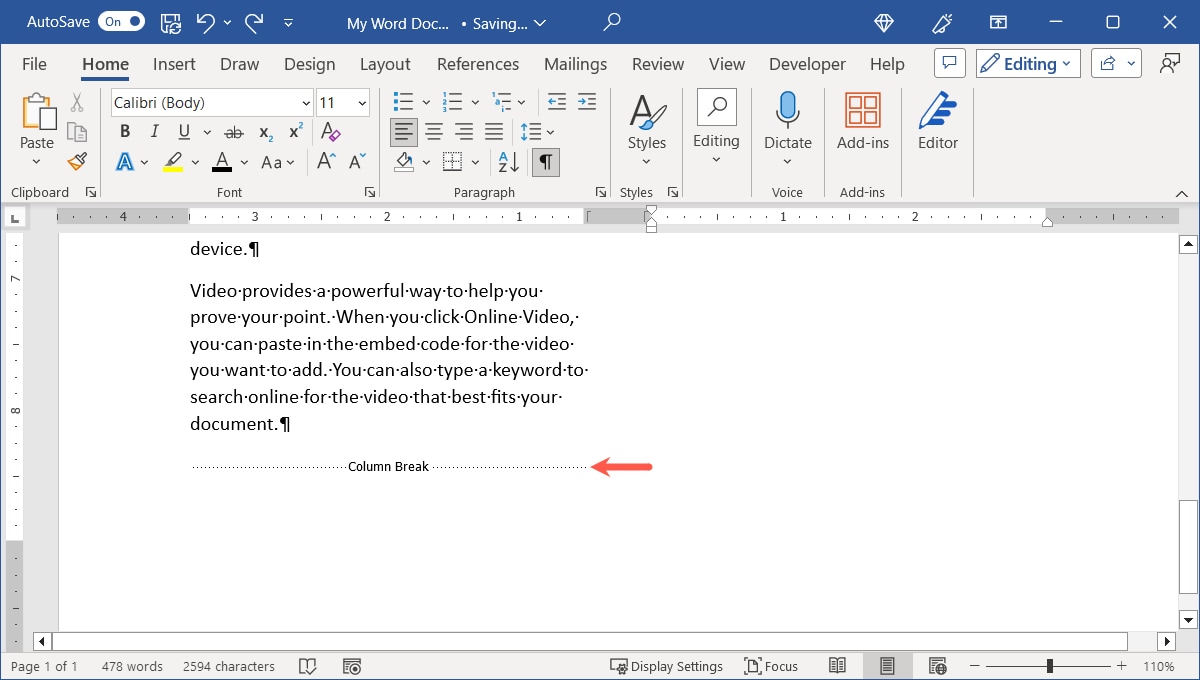 Show a Column Break in Word