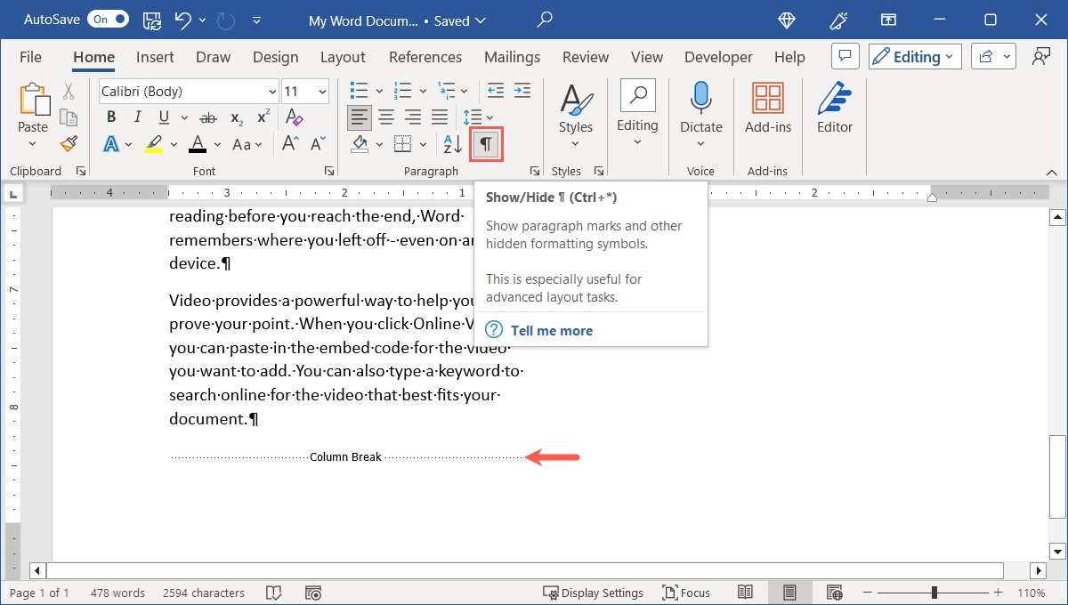 Show Hide button to display a Column Break in Word