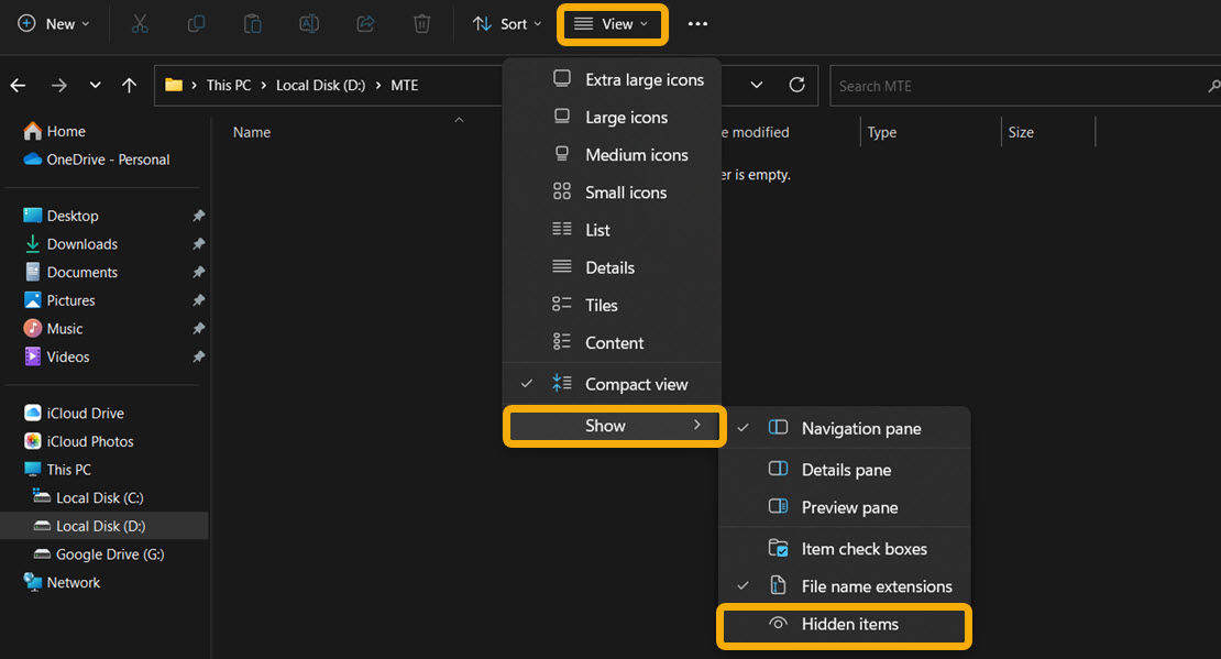 Clicking on "View" in File Explorer to reveal "Hidden items" option.